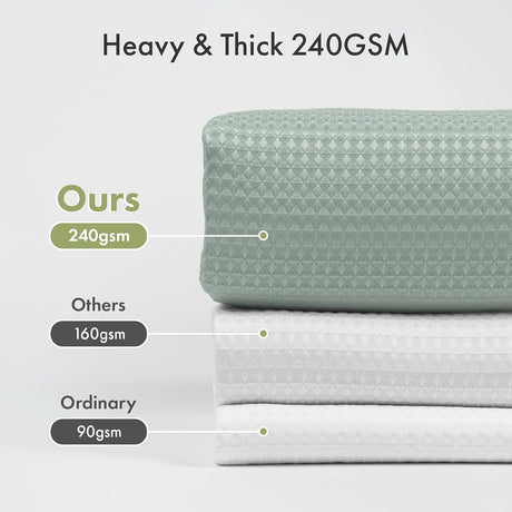 AmazerBath Grayish Green 240 GSM waffle shower curtain fabric compared with lighter 160 GSM and 90 GSM materials.