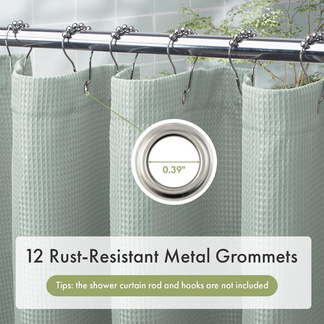 AmazerBath Grayish Green waffle shower curtain close-up showing a rust-resistant metal grommet and reinforced textured top hem.