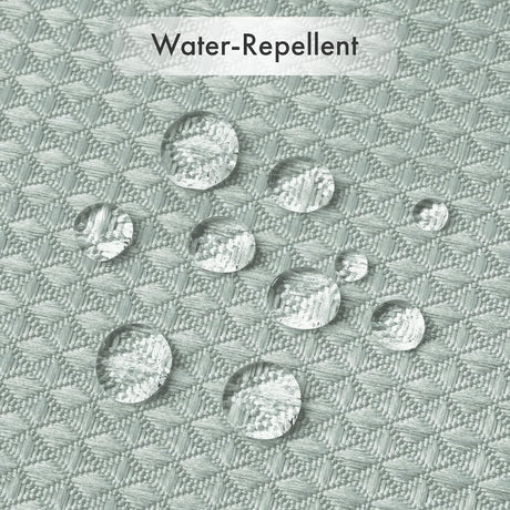 AmazerBath Grayish Green waffle shower curtain with water droplets beading on the textured water-repellent fabric.