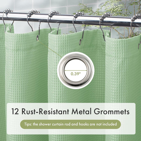 AmazerBath Mint Green waffle shower curtain close-up showing a rust-resistant metal grommet and reinforced textured top hem.
