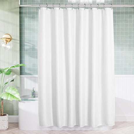 AmazerBath Shiny White waffle shower curtain in a 72 x 76-inch size, hanging above a bathtub in a bright green-tile bathroom.