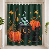 Witchy Folk Cauldron Halloween Shower Curtain displayed in a bright bathroom