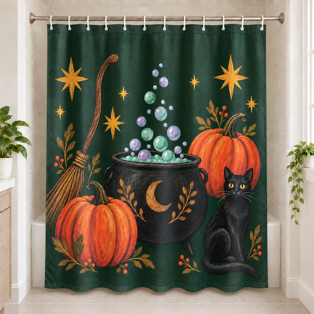 Witchy Folk Cauldron Halloween Shower Curtain displayed in a bright bathroom