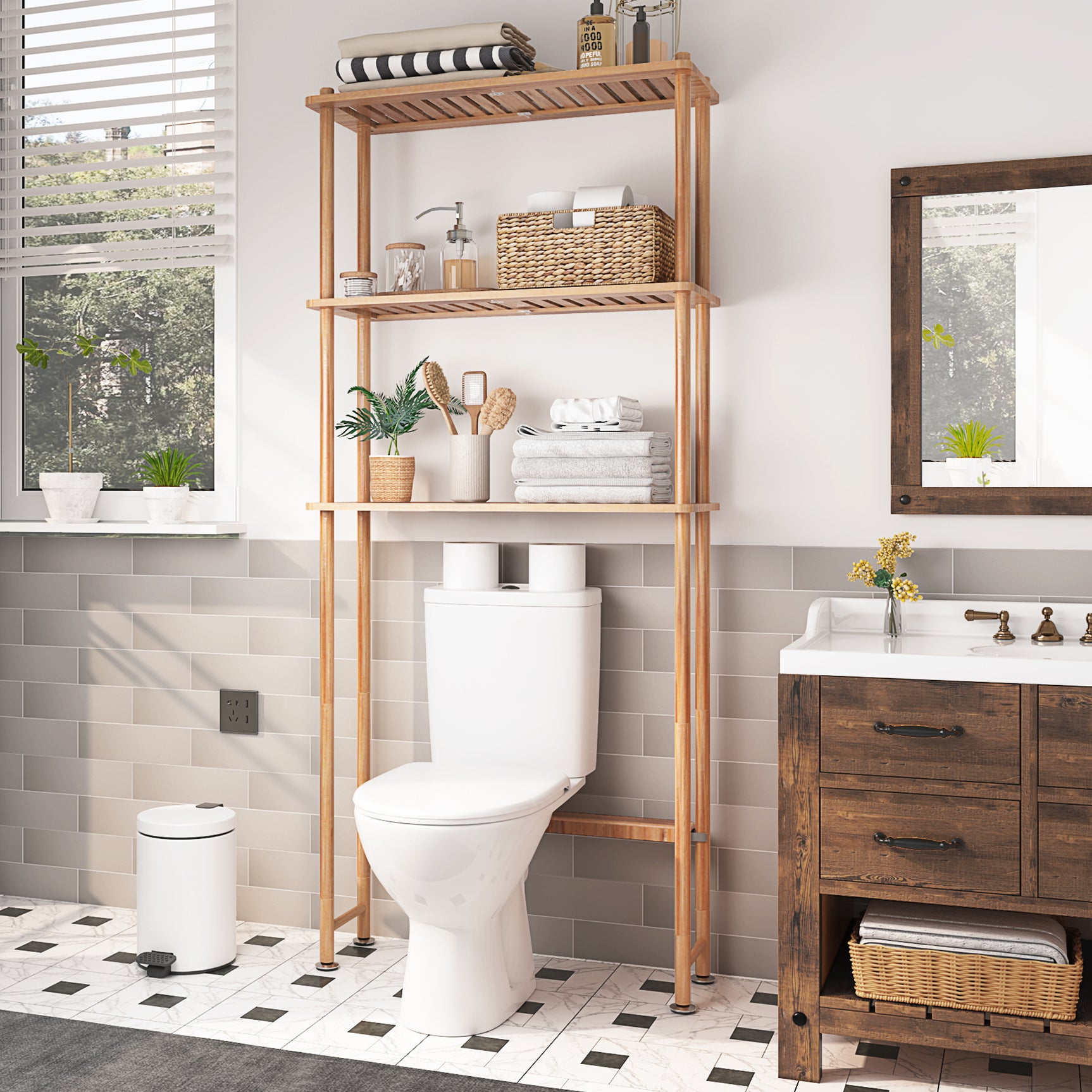 AmazerBath Bamboo Over The Toilet Storage Shelf, Natural Color