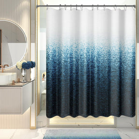 A shower curtain with a gradient of gray shades, darker at the bottom and lighter at the top, hanging on a rod in a bathroom setting.