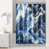 A shower curtain with a gradient of gray shades, darker at the bottom and lighter at the top, hanging on a rod in a bathroom setting.