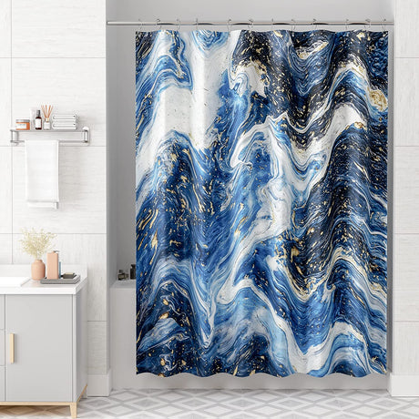 A shower curtain with a gradient of gray shades, darker at the bottom and lighter at the top, hanging on a rod in a bathroom setting.