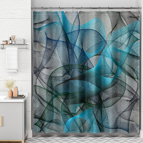 A shower curtain with a gradient of gray shades, darker at the bottom and lighter at the top, hanging on a rod in a bathroom setting.