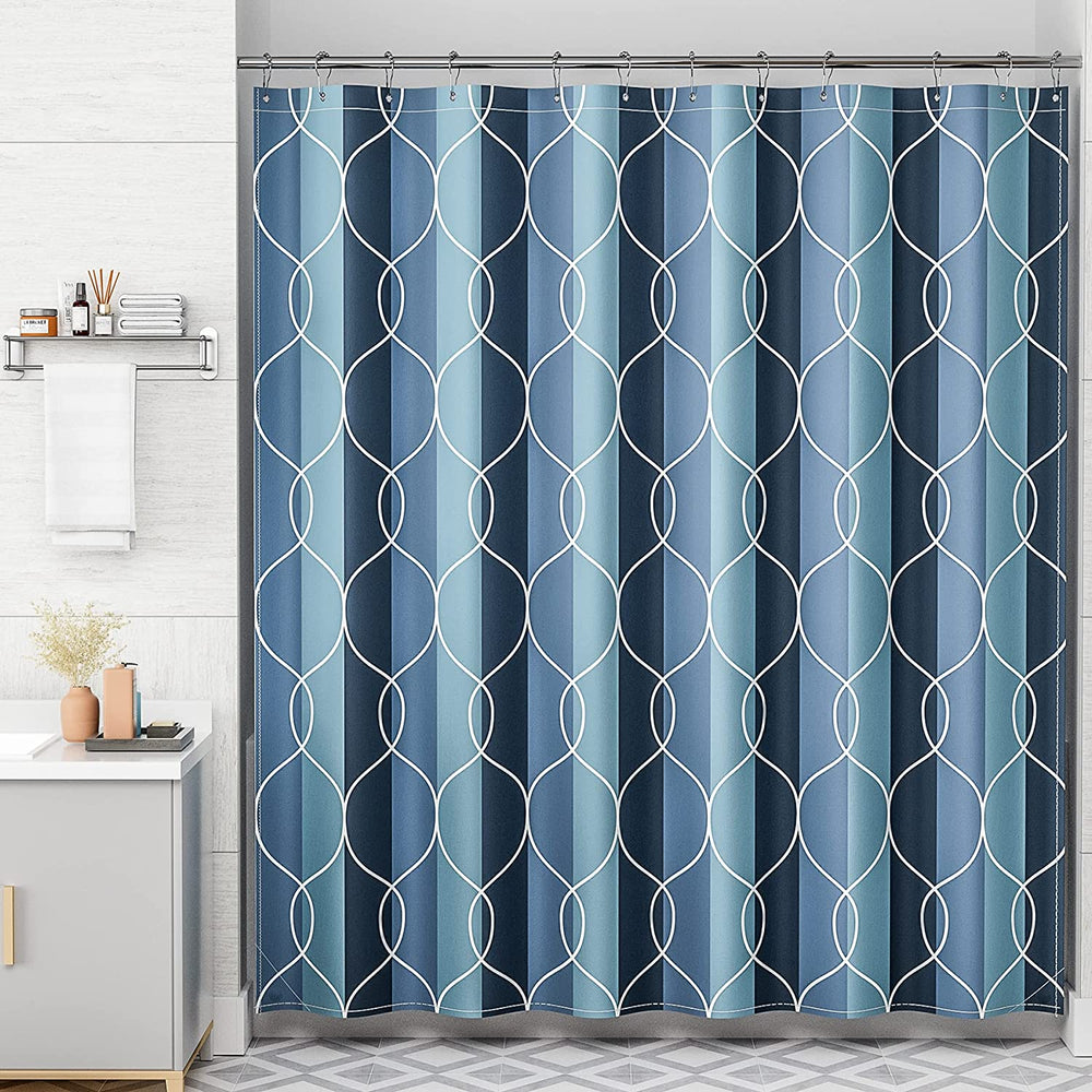 A shower curtain featuring an abstract geometric pattern with black lines on a white background, displayed in a bathroom setting.