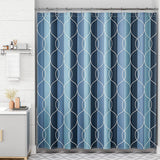 A shower curtain featuring an abstract geometric pattern with black lines on a white background, displayed in a bathroom setting.