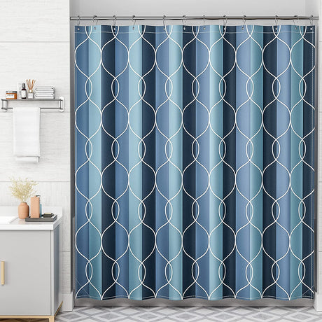 A shower curtain featuring an abstract geometric pattern with black lines on a white background, displayed in a bathroom setting.