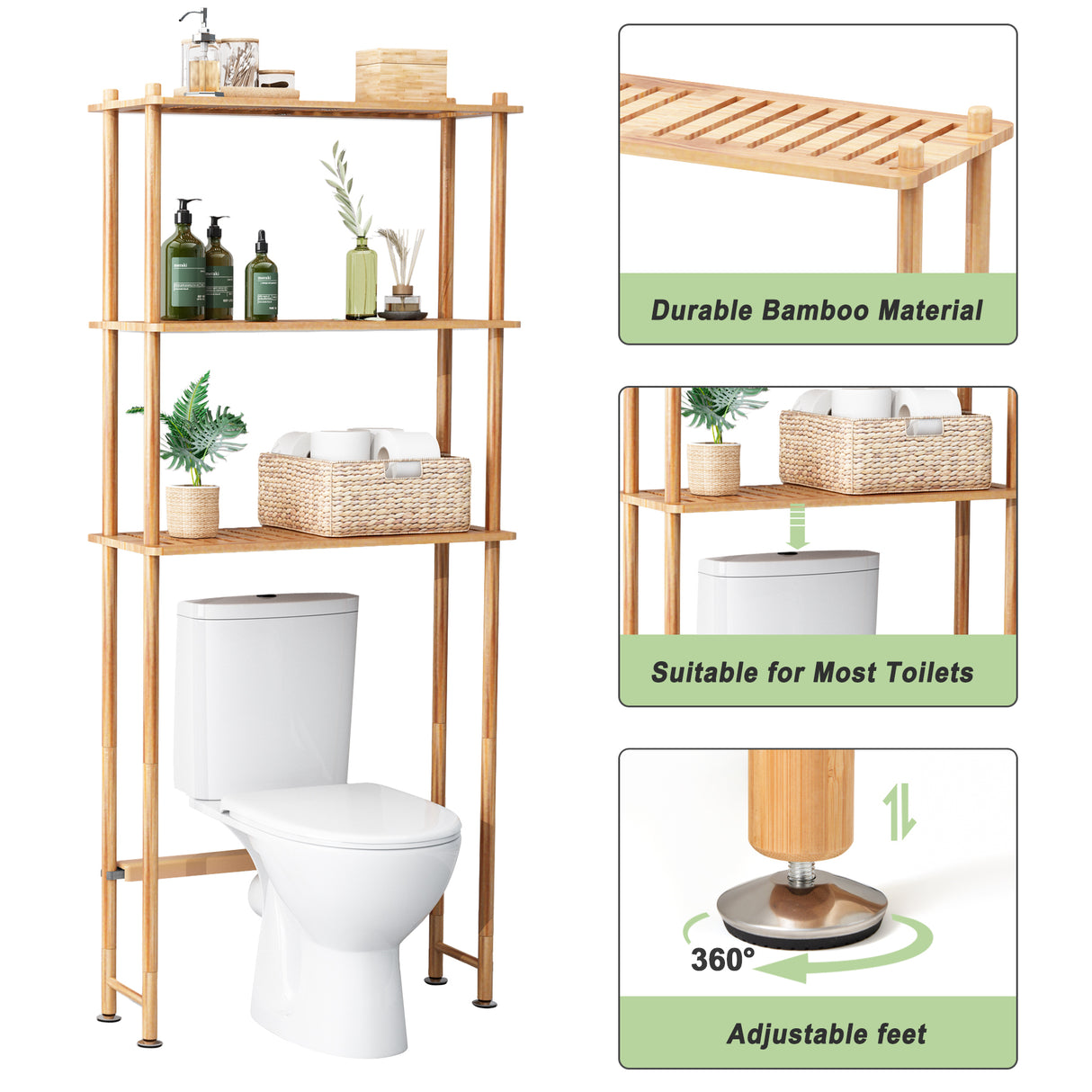 AmazerBath natural bamboo over-the-toilet shelf showing durable shelves, adjustable feet and toilet clearance.