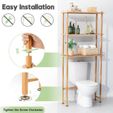 AmazerBath natural bamboo over-the-toilet shelf showing tool-free screw installation and adjustable feet.