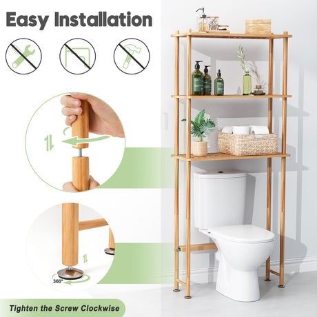 AmazerBath natural bamboo over-the-toilet shelf showing tool-free screw installation and adjustable feet.