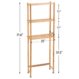 AmazerBath natural bamboo three-tier over-the-toilet shelf dimensions, 71.6 inches high and 25 inches wide.