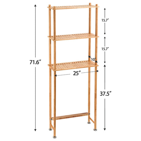 AmazerBath natural bamboo three-tier over-the-toilet shelf dimensions, 71.6 inches high and 25 inches wide.