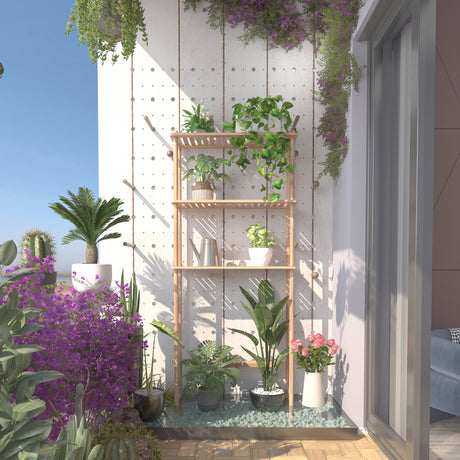 AmazerBath natural bamboo over-the-toilet shelf used as a plant stand on a balcony.